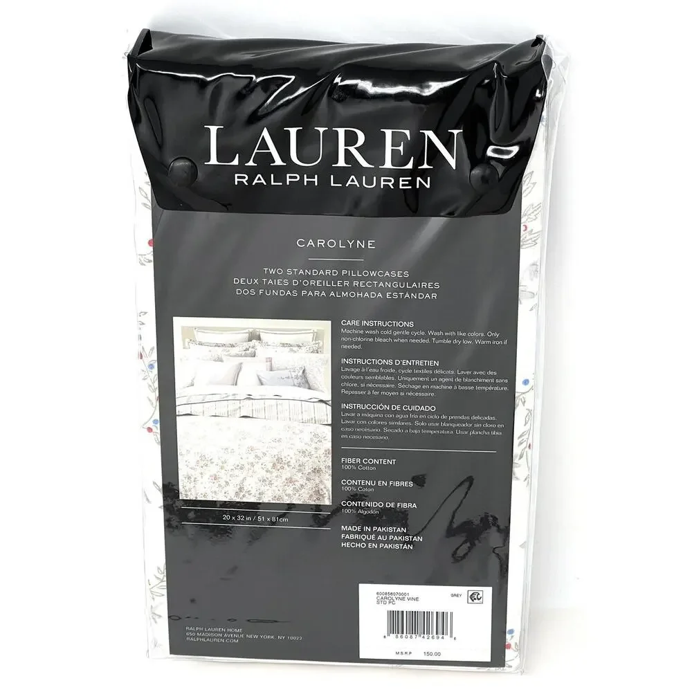 Ralph Lauren Carolyne Vine Standard Pillowcases Grey Pair Of 2 - 20” X 32”